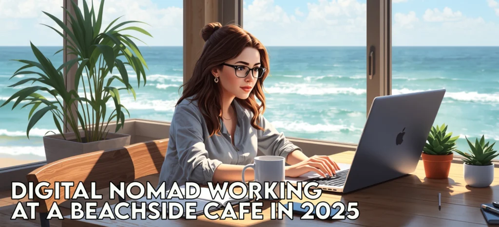 FREE Remote Jobs 2025 Guide: Proven Websites for Anywhere-in-the-World Remote Jobs 2 Female digital nomad working remotely at a beachside café in 2025
