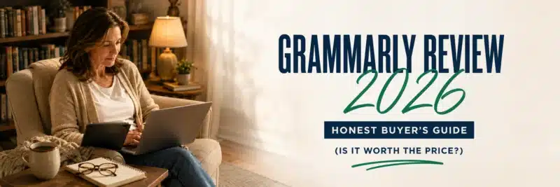 Woman reading a Grammarly review on her laptop from a home armchair