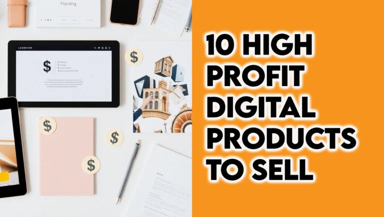 Flat lay showing high-profit digital products such as eBooks, planners, and online courses.
