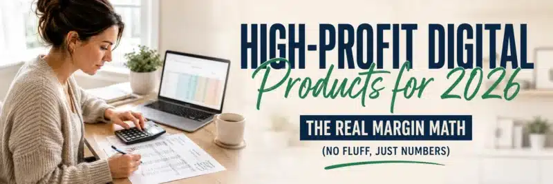 A woman in her thirties calculating profit margins at a desk, illustrating high-profit digital products to sell in 2026