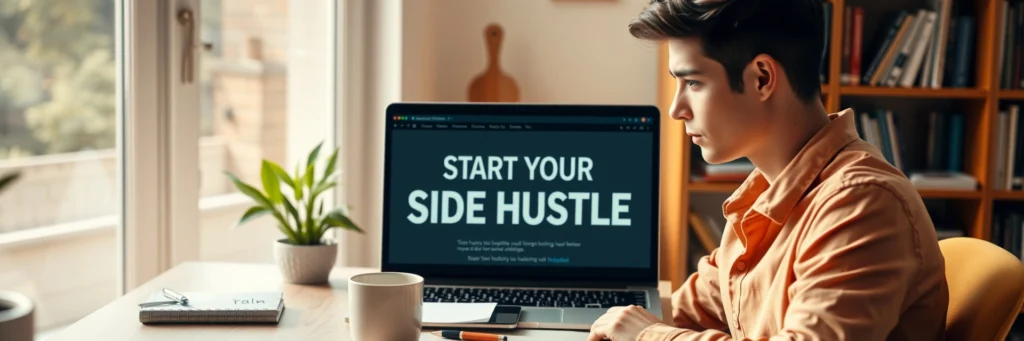 How to Start a Side Hustle: Easy Guide for Beginners in 2025 2 Person planning how to start a side hustle, sitting at a desk with a laptop and notepad, thoughtful expression