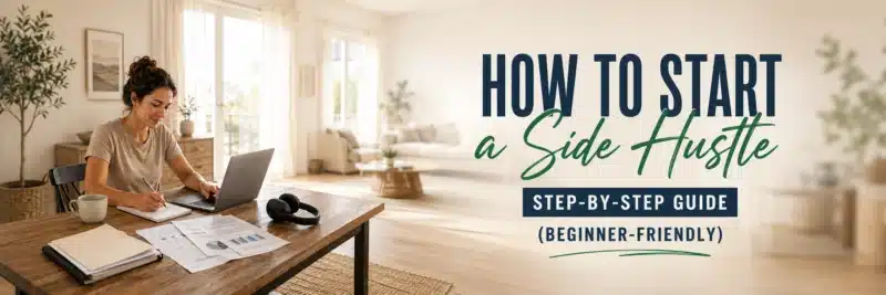 Woman in her 50s working through how to start a side hustle at a home dining table workspace