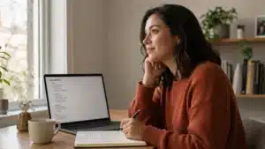Woman at a desk with a laptop and notebook planning how to start a side hustle
