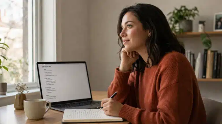 Woman at a desk with a laptop and notebook planning how to start a side hustle