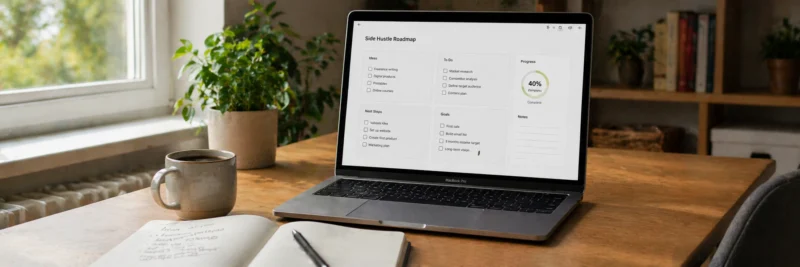 Laptop on a desk showing a side hustle planning checklist for beginners