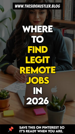 A woman pointing at trusted remote job websites for 2026 on her laptop screen.
