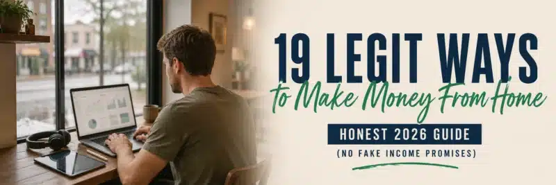 Man reviewing legit ways to make money from home on a laptop at a café