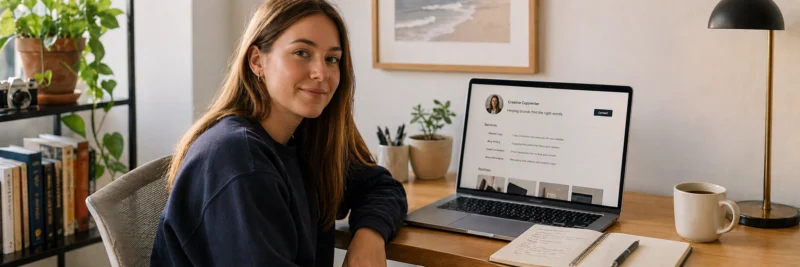 Woman at a desk using a laptop to set up an online side hustle service