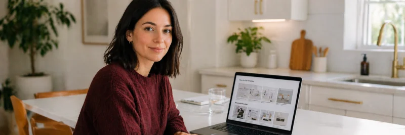 Woman at a kitchen island using a laptop to create passive income with digital products