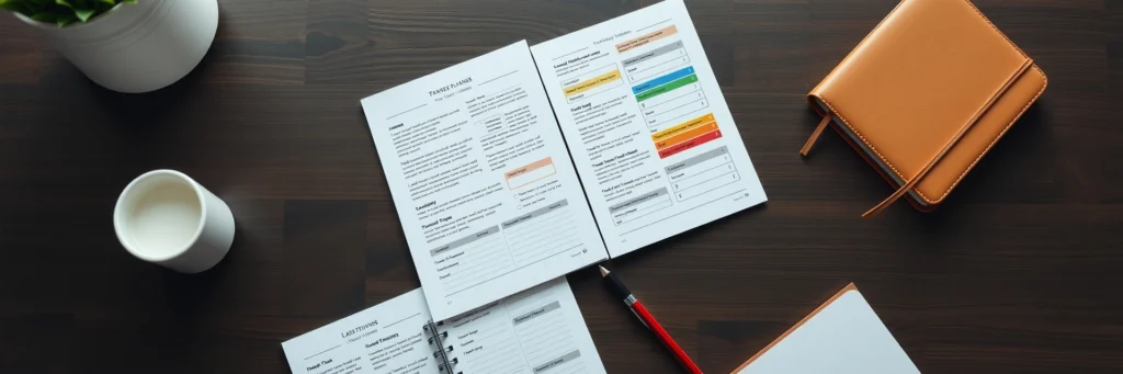 a Flat-lay Showing Printable Habit Trackers and Journal Templates on a Desk.