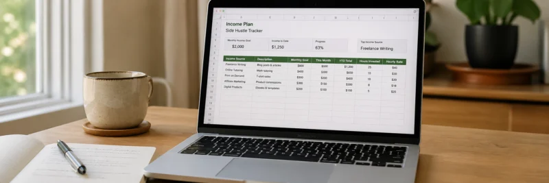 Laptop on a desk showing a side hustle income tracker for profitable side hustle ideas