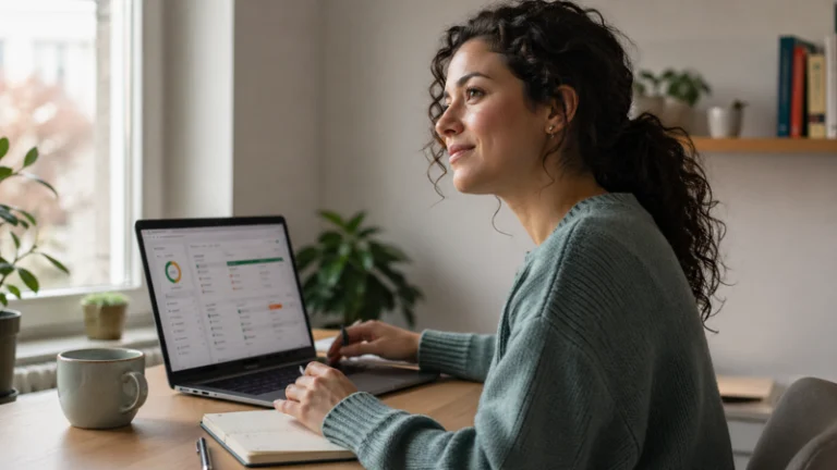Woman at a desk using a laptop and notebook to plan profitable side hustle ideas from home