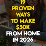 Woman standing in a workspace sharing 19 real ways to earn $50K from home.