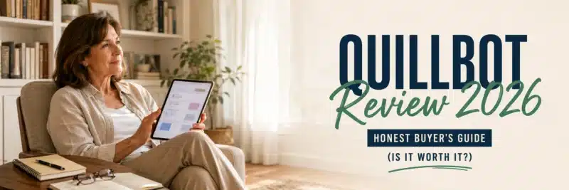 Woman reading a quillbot review on a tablet in a cozy armchair