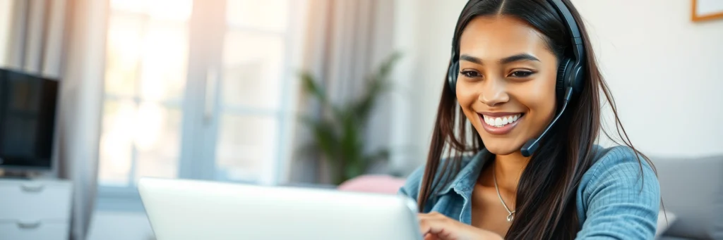 Remote Customer Service Representative Working from Home Wearing Headset and Using Laptop