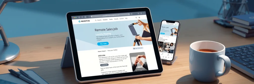 FREE Remote Jobs 2025 Guide: Proven Websites for Anywhere-in-the-World Remote Jobs 6 Tablet showing a Remotive remote sales job listing for 2025