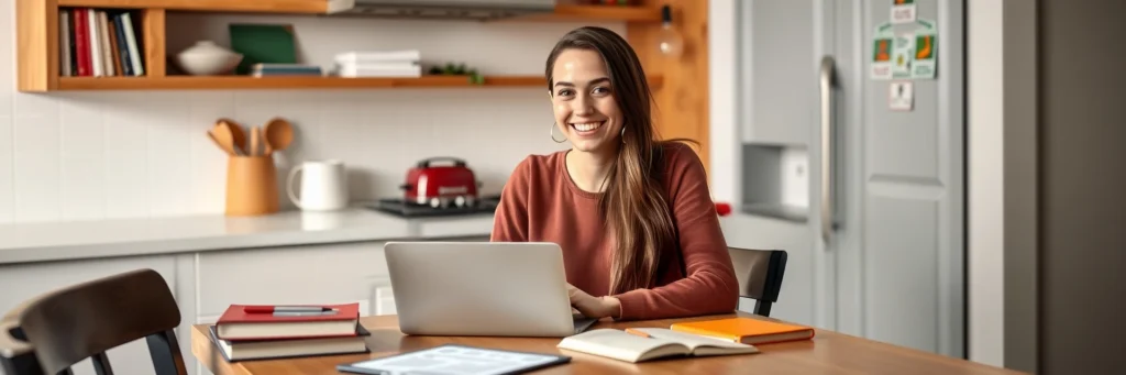 How to Start a Side Hustle: Easy Guide for Beginners in 2025 6 Beginner starting a side hustle, tutoring online from a kitchen table with books and notes