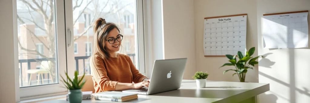 How to Start a Side Hustle: Easy Guide for Beginners in 2025 3 Person working on a side hustle from home, in a bright home office with a laptop and plants