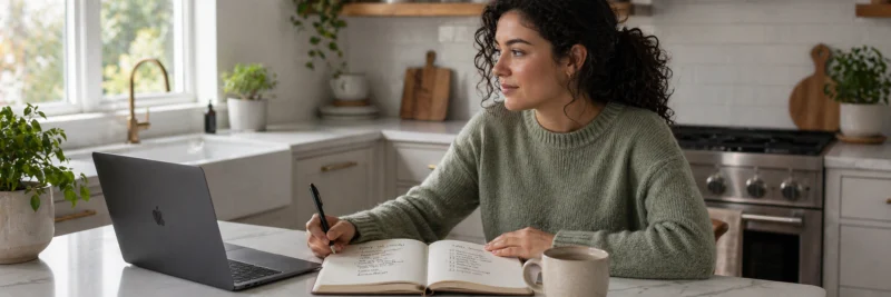 Woman at a kitchen island planning a side hustle from home using a notebook and laptop