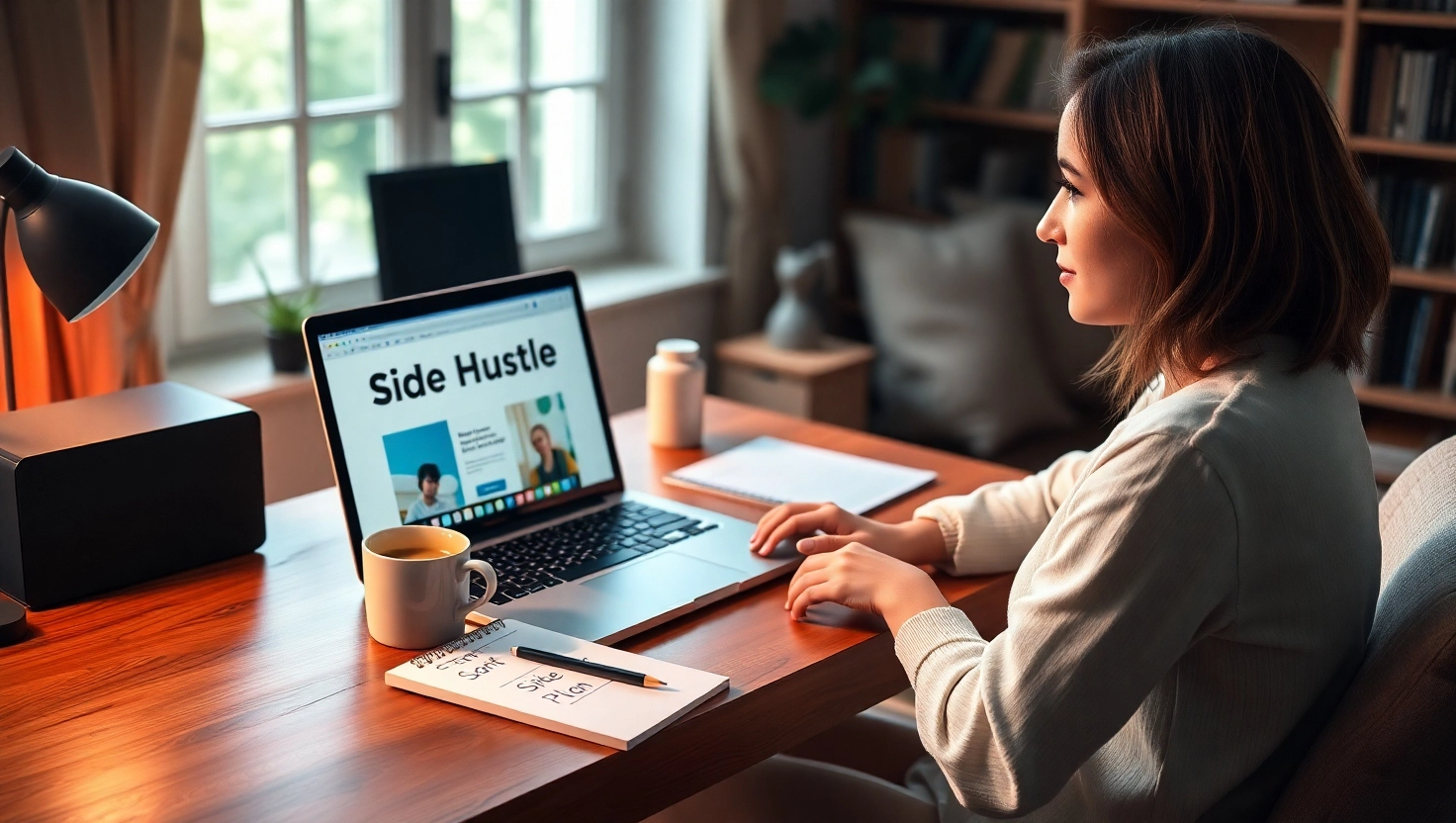 Diverse side hustle ideas for 2025 in a modern co-working space, including podcasting, 3D printing, coding, and consulting