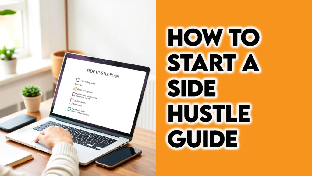 Beginner working on a side hustle at home with a laptop and side hustle checklist.