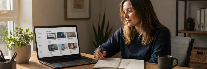Woman researching freelance listings on a laptop to start a side hustle with no money
