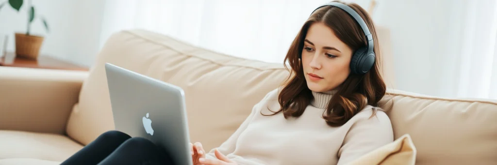 Woman Testing a Website on Laptop While Wearing Headphones in a Casual Home Setting