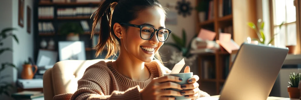 Woman Freelancing on Laptop at Cozy Home Workspace with Notebooks and Coffee