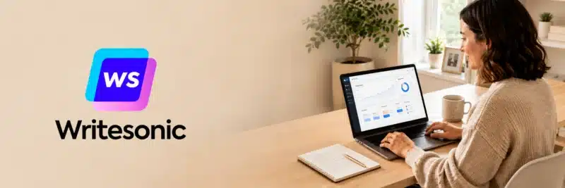 Writesonic review 2026, content platform shown on a laptop at a home desk