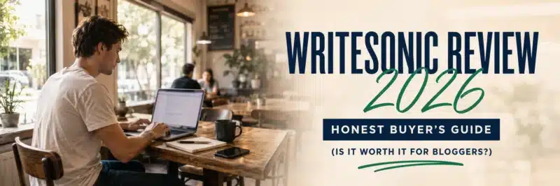 Man reading a Writesonic review on his laptop at a café