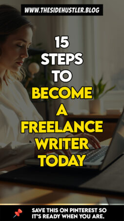 A remote worker earning a flexible income from a beautiful balcony with a mountain view. A woman presenting fifteen steps to become a freelance writer for beginners.