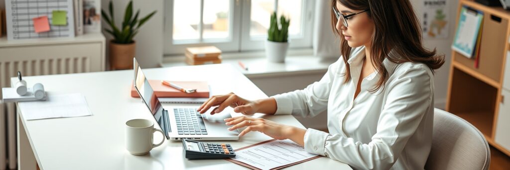 Female Freelancer at Desk Planning Pricing Strategy with Laptop and Calculator