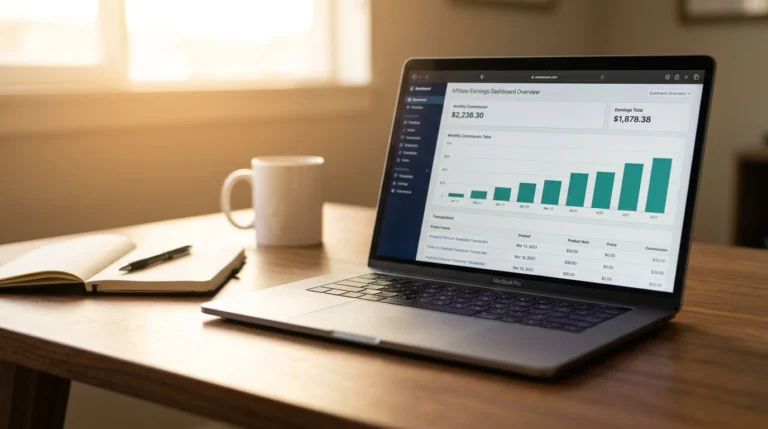 Laptop on a warm walnut home office desk displaying an affiliate earnings dashboard with a bar chart showing growing monthly commissions as part of a guide to affiliate marketing for bloggers