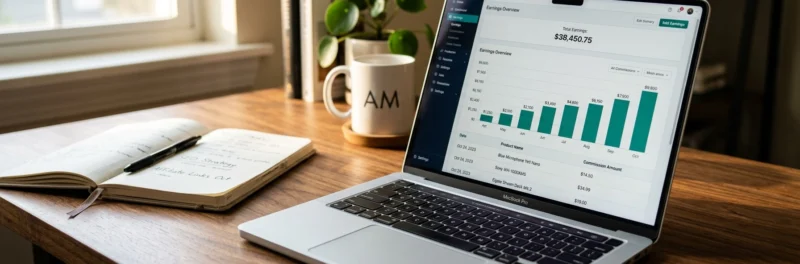 Laptop on a warm walnut home office desk displaying an affiliate earnings dashboard with growing monthly commissions as an introduction to affiliate marketing for bloggers