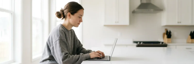 Woman in casual home working clothes sitting at a bright white kitchen island reviewing an affiliate link management table inside the WordPress admin dashboard as part of affiliate marketing tips for bloggers
