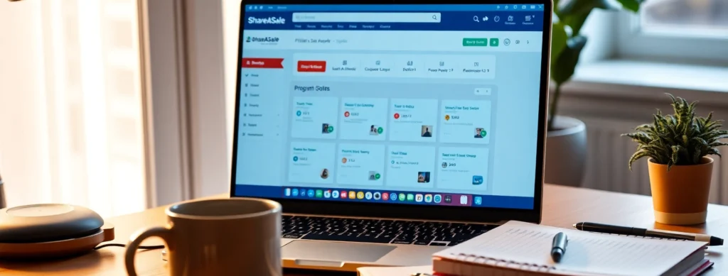 A photorealistic image of a blogger exploring ShareASale, showcasing affiliate marketing for bloggers and beginner affiliate marketing in 2025