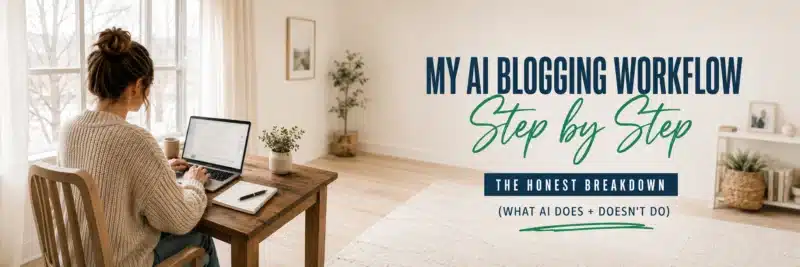 Woman using her AI blogging workflow at a home desk