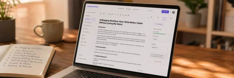 Laptop on a warm walnut home office desk displaying the SEOWriting AI interface generating a structured blog post first draft alongside a handwritten workflow notebook as part of an AI blogging workflow