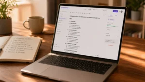 Laptop on a warm walnut home office desk displaying the SEOWriting AI interface generating a blog post outline with H2 and H3 headings as part of an AI blogging workflow