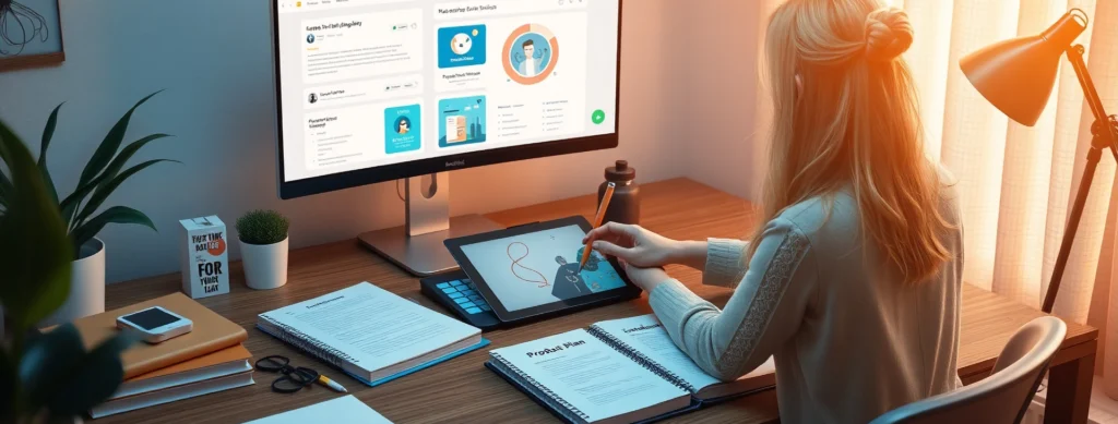 Creative Woman Using Chatgpt in One Window, Midjourney Images and Canva Mockups Visible in Others, Designing Digital Products for Sale.