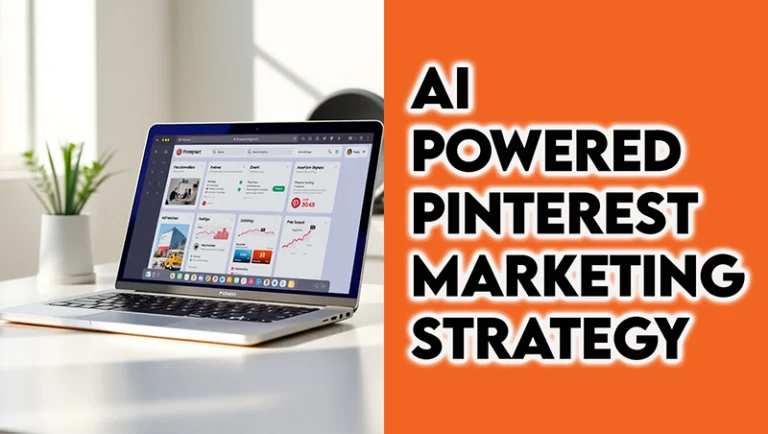 Laptop screen showing AI-powered Pinterest dashboard with smart recommendations and analytics insights