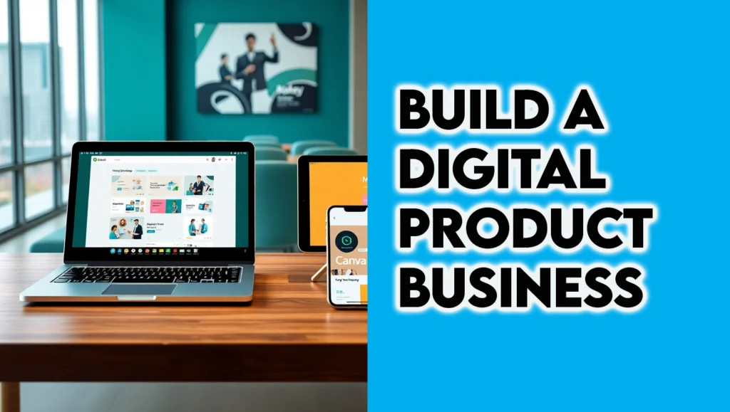 Photorealistic image of an entrepreneur using ChatGPT product development, Midjourney visuals, and Canva design tools for a digital product business in 2025