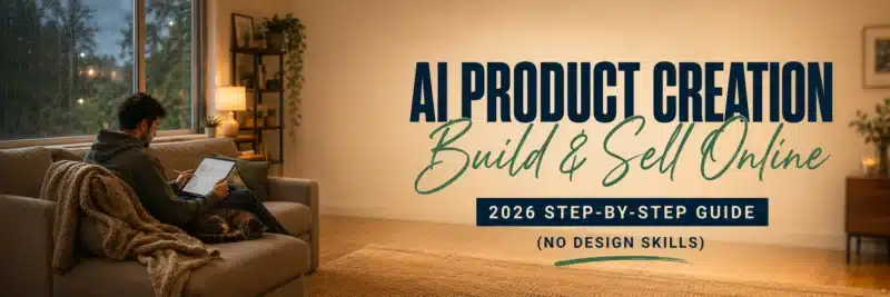 A man in his late twenties designing on a tablet from a sofa, showing AI product creation with ChatGPT, Midjourney, and Canva