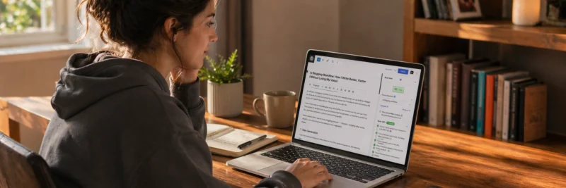 Woman in casual home working clothes at a warm walnut home office desk with laptop showing WordPress post editor with Rank Math green score panel as part of an AI workflow for bloggers