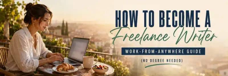 A woman in her late twenties writing on a laptop at a sunny terrace table, showing how to become a freelance writer from anywhere