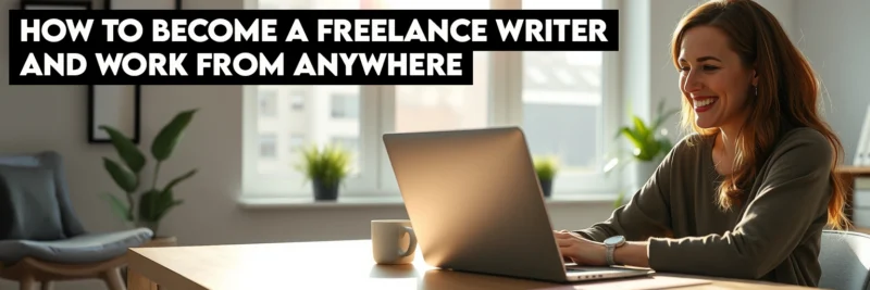 A woman working on a laptop in a bright home office, learning how to become a freelance writer.