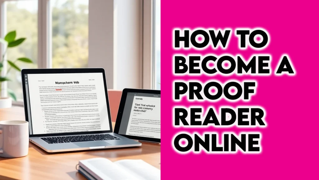 A photorealistic image of a proofreader in a modern home office with a laptop, tablet, and smartphone, surrounded by grammar icons, representing how to become a proofreader online and secure remote proofreading jobs for beginners in 2025.