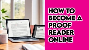 A photorealistic image of a proofreader in a modern home office with a laptop, tablet, and smartphone, surrounded by grammar icons, representing how to become a proofreader online and secure remote proofreading jobs for beginners in 2025.