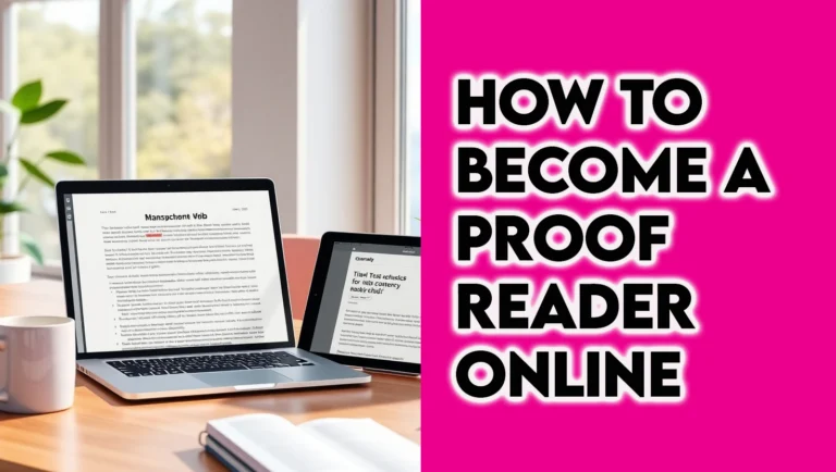 A photorealistic image of a proofreader in a modern home office with a laptop, tablet, and smartphone, surrounded by grammar icons, representing how to become a proofreader online and secure remote proofreading jobs for beginners in 2025.