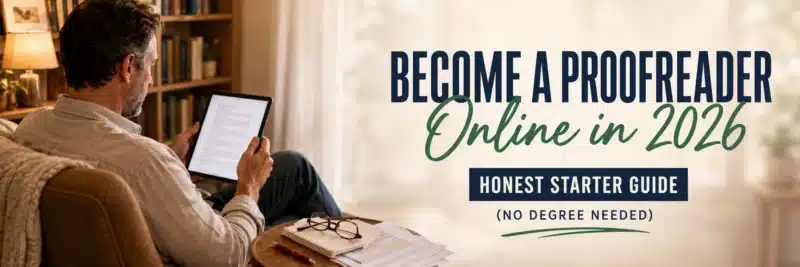 A man in his forties reading a printed document in a bookshelf-lined reading nook, illustrating how to become a proofreader online in 2026